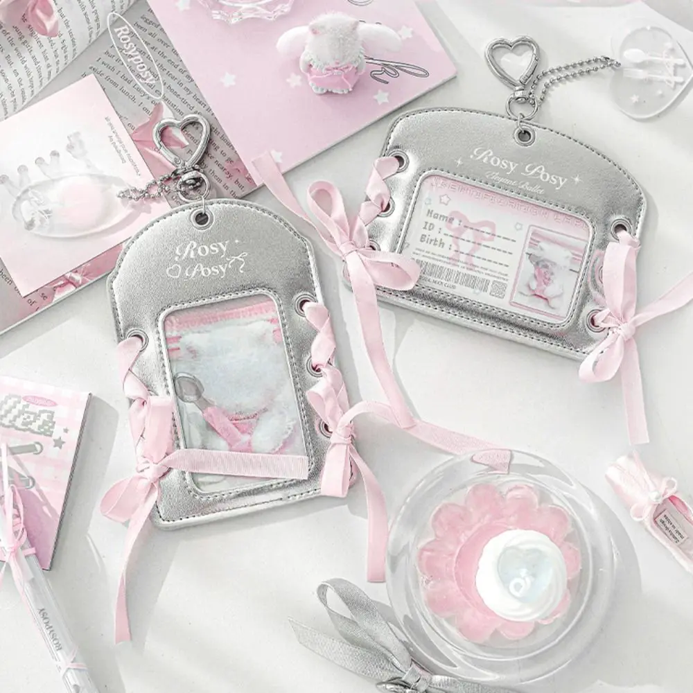 Korean Style Balletcore Idol Photocard Holder Protective Case with Keychain Pendant Ribbon Bow Bus Card Holder PU Leather image 4