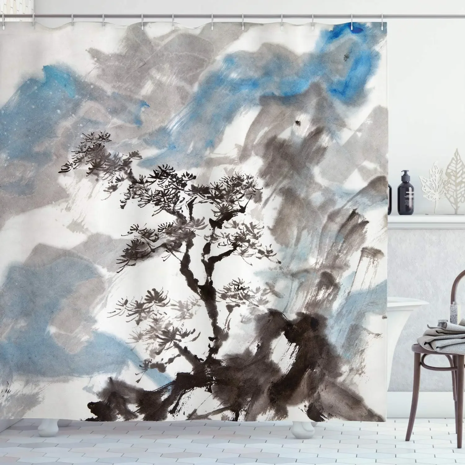 Japanische dunstige Darstellung der Kiefernlandschaft auf dem Hügelberg mit rauer Strahlung, Badezimmerdekoration