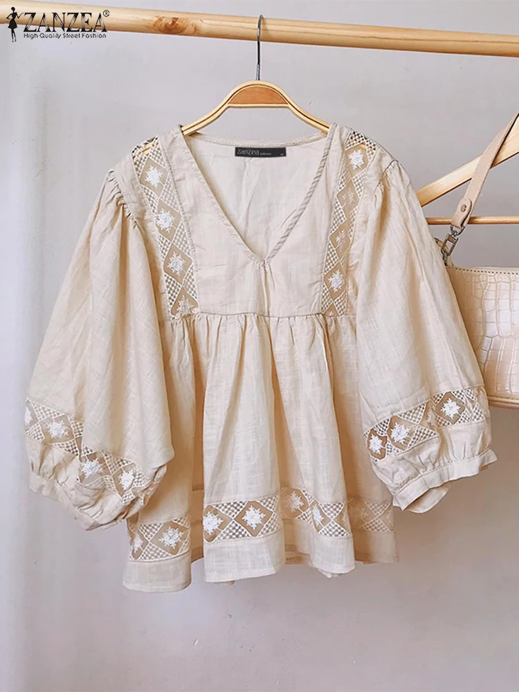 

ZANZEA Women Blouses 2025 Summer Lace Tunics Fashion 3/4 Sleeve Casual Loose V-Neck Tops Holiday Shirts Oversized Blusas Femme