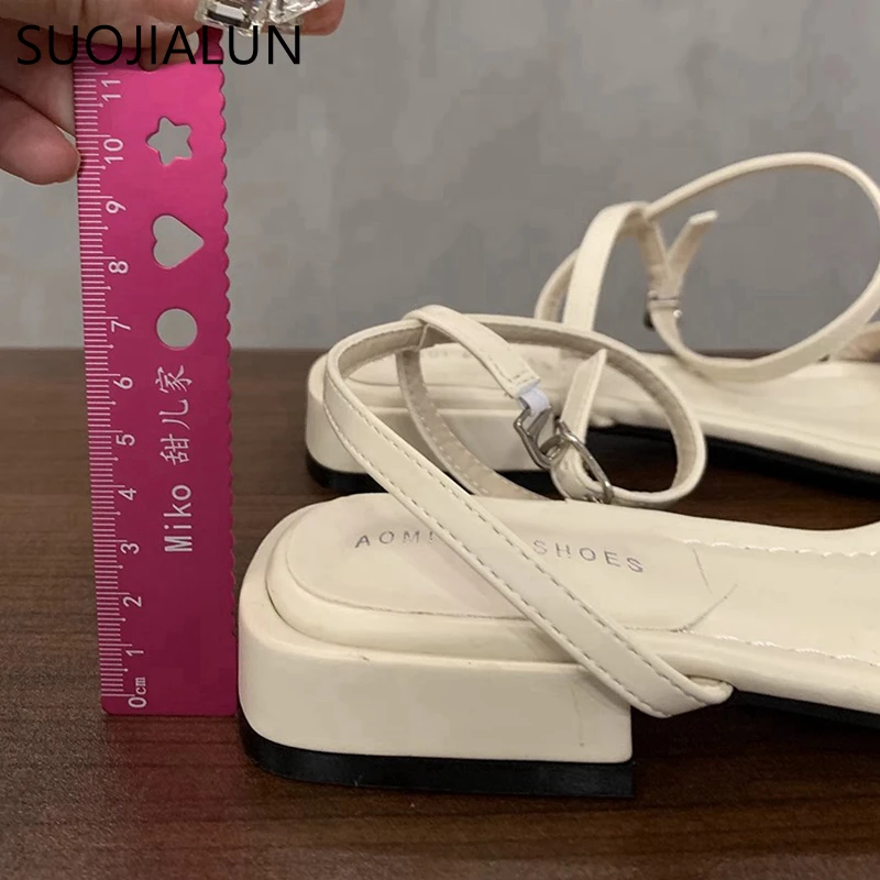 SUOJIALUN 2024 Summer Women Slipper Fashion Narrow Band Ladies Casual Sandal Shoes Square Low Heel Outdoor Dress Gladiator Shoes