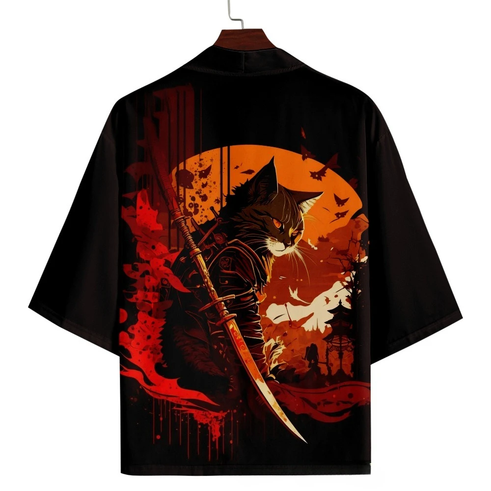 Japanese Kimono Yukata Samurai Cat Print Shirt Clothing Harajuku Cardigan for MenTraditional Haori Kimono Women
