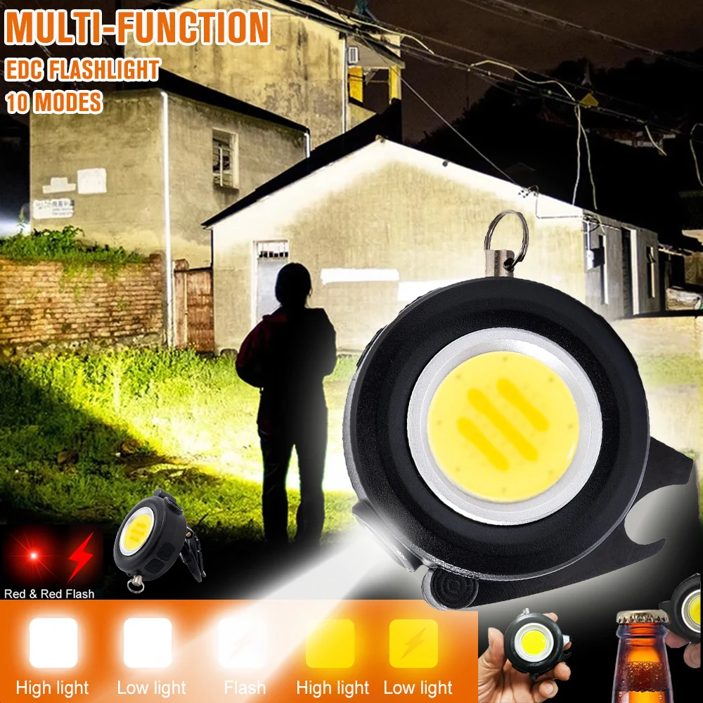 Linterna portátil EDC con llavero, Mini linterna COB recargable, lámpara de emergencia de 10 modos con destornillador, cortador para cinturón de seguridad de coche