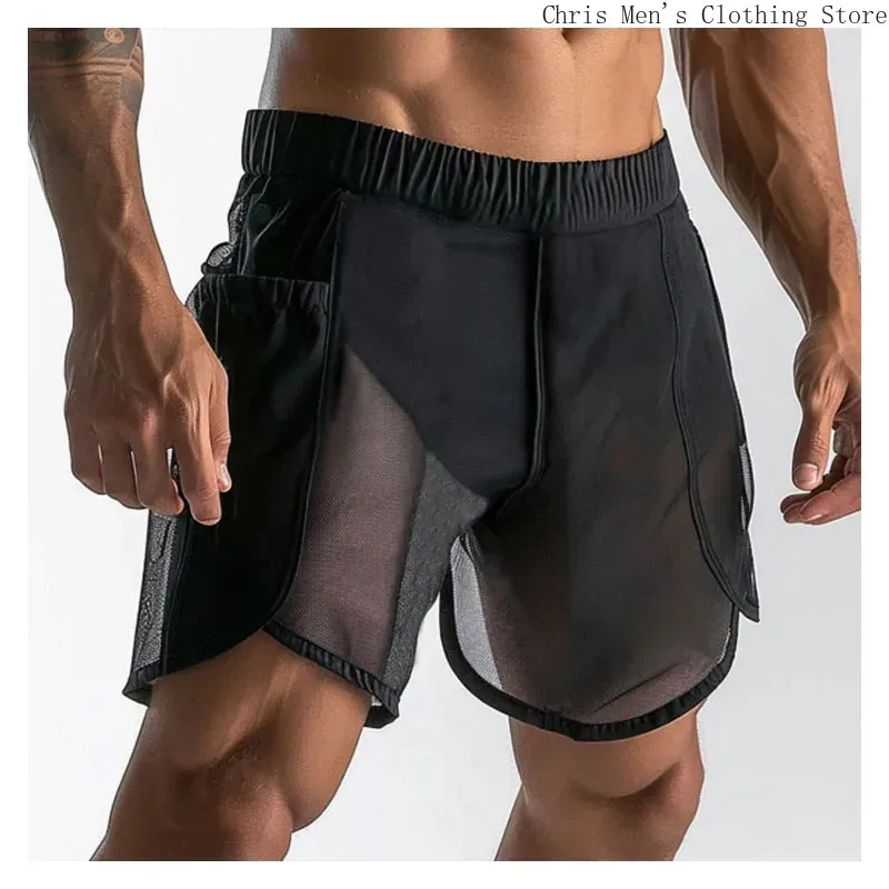 Mesh See-through Men\'s Shorts Casual Sports Men\'s Shorts Male Fitness Sexy See-through Shorts Black Sportswear Men\'s Trousers