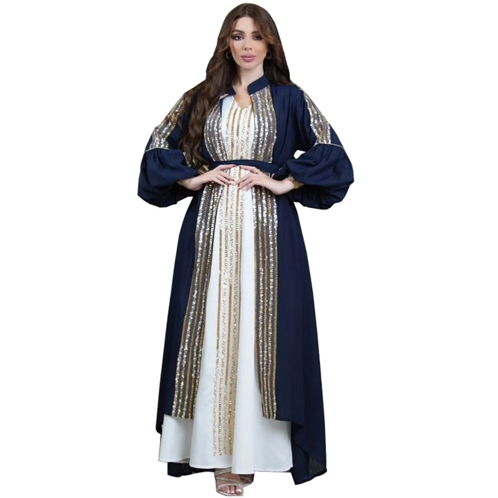 Abaya 2 peça conjunto para mulheres vestidos lanterna manga ramadan lantejoulas jalabiya vestido muçulmano abaya maxi robe caftan festa vestido