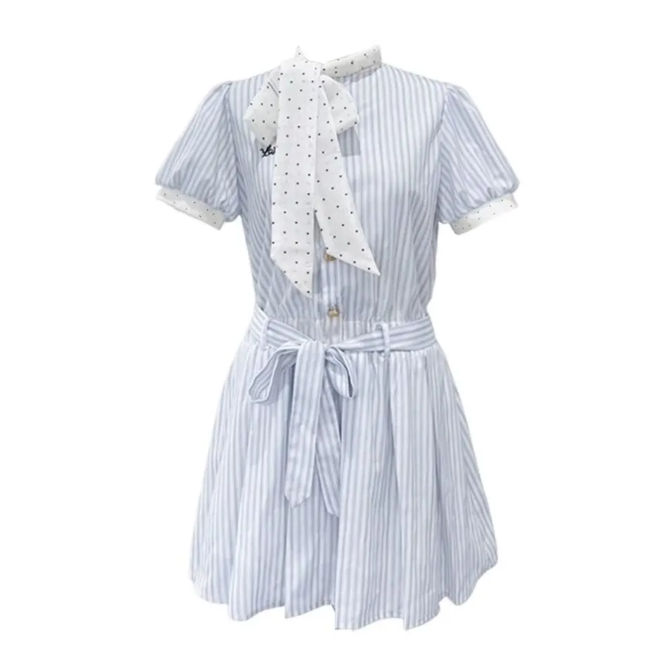 Abito estivo da donna a maniche corte preppy a righe con papillon, casual, alla moda, leggero, alla moda per tutti i giorni