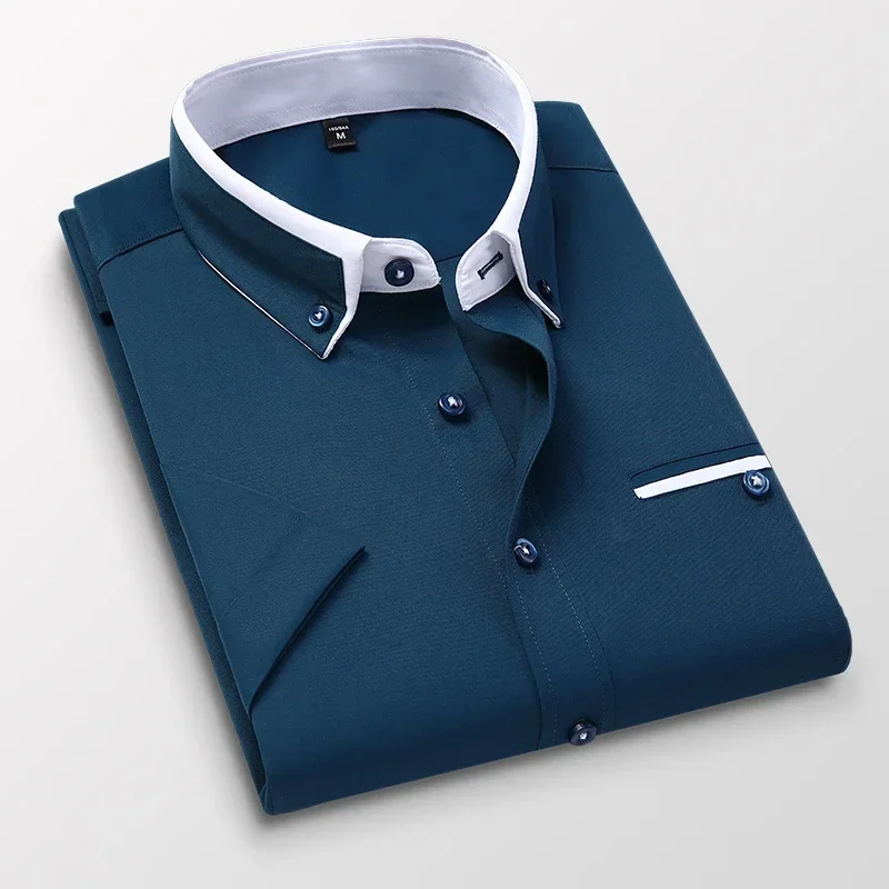 

Turn Down Collar Button Short Sleeve Formal Shirt Men 5XL Breath Summer Office Blouse
