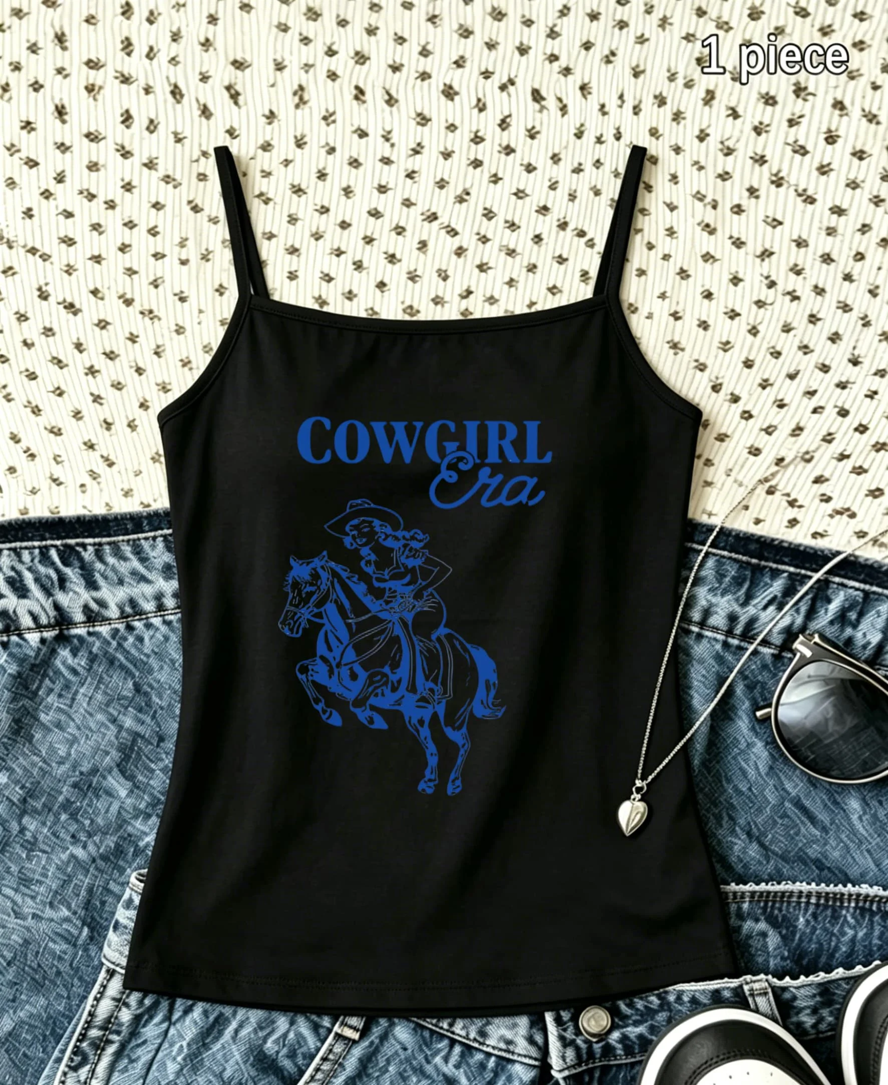 Blue Horse Graphic Camisole Women Western Cowgirl Era Letter Print Slim Fit Tank Top Summer Retro Vibe Casual Streetwear