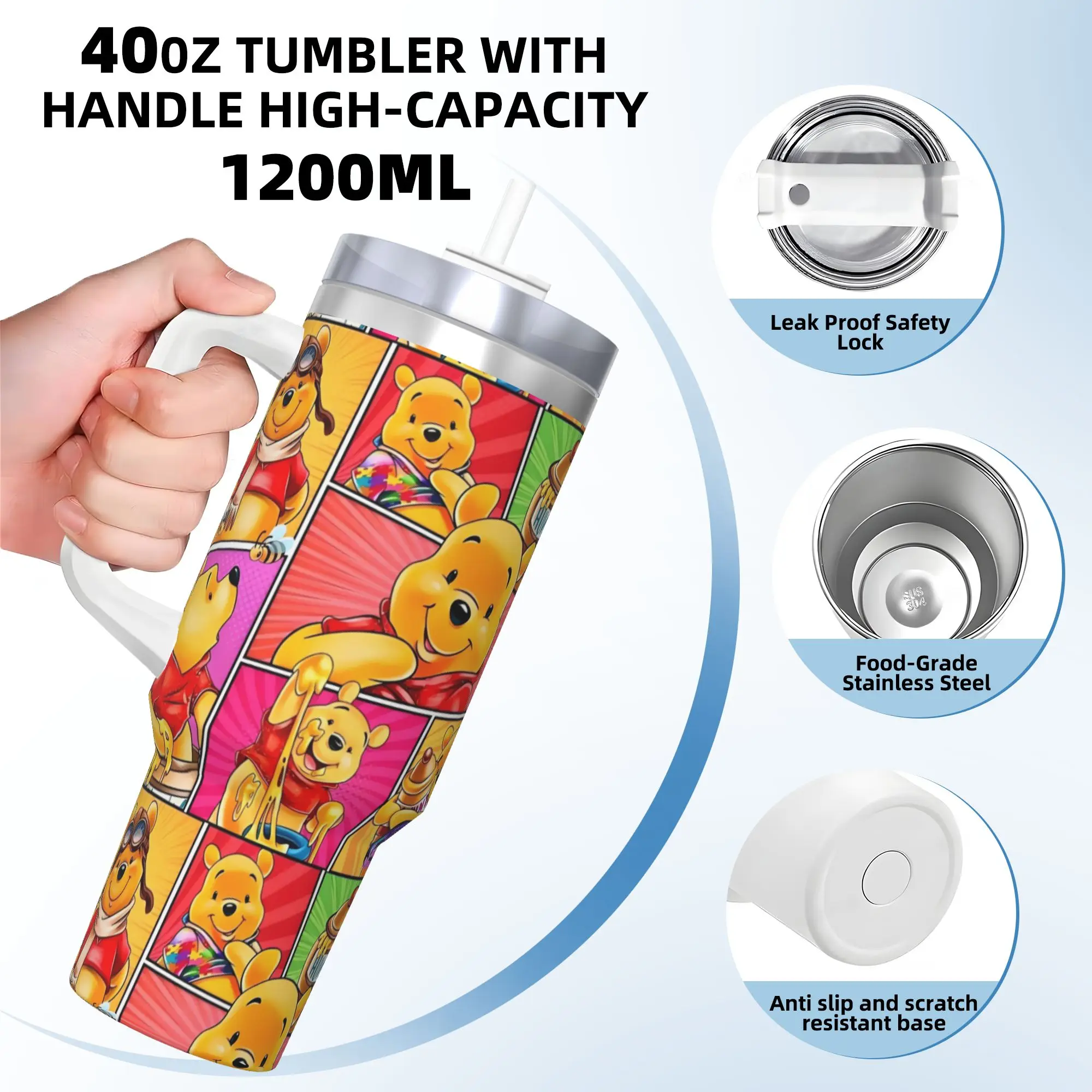 Anime Cartoon Winnie The Pooh Stainless Steel Tumbler Thermal Mug With Straws and Lid Large Capacity Mugs Cup Water Bottle