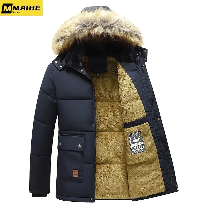 Giacca da uomo con collo in pelliccia con cappuccio moda classica Casual Parka da uomo 2024 inverno nuovo pile antivento caldo giacca spessa Parka