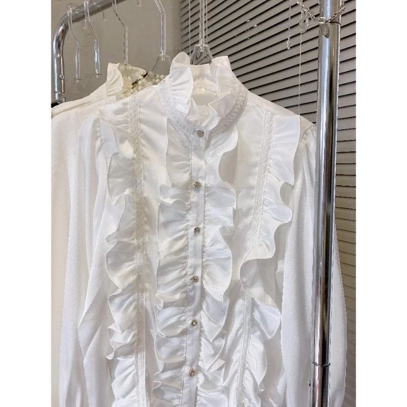 2026  Spring New Nail Bead Ruffle Edge Loose Temperament Commuting Shirt Court Style Chiffon Shirt Autumn Top Women's Clothing