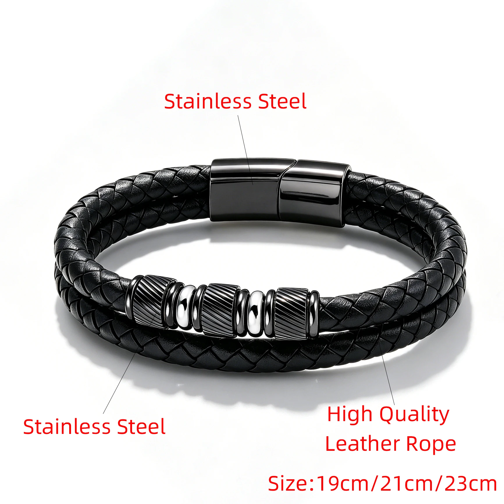 Modisches Herren-Armband aus schwarzem geflochtenem Leder, mehrlagig, stapelbar, mit Edelstahl-Magnetverschluss, Geburtstagsgeschenk – Detail 7