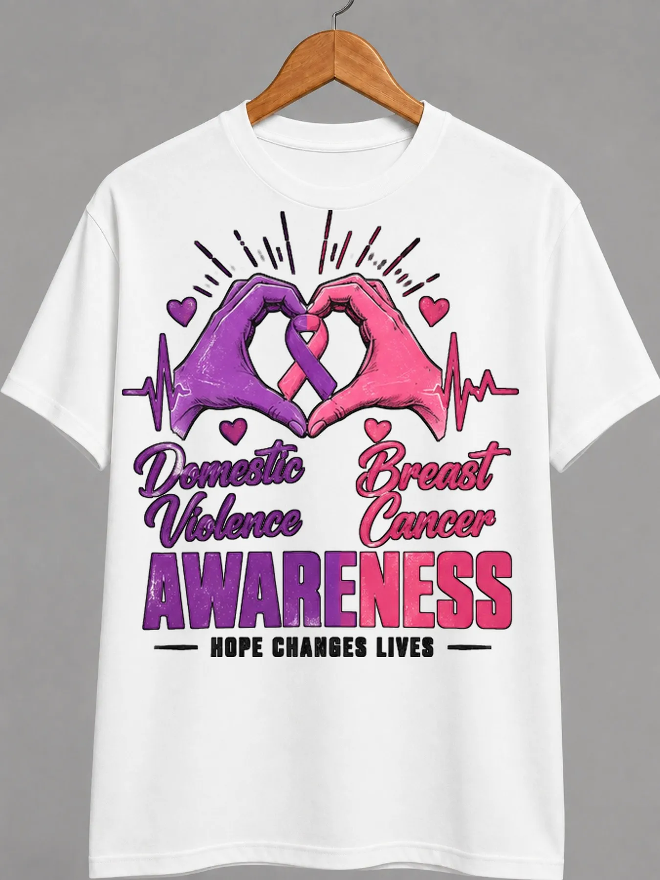 Men'S Graphic T-Shirt, Domestic Violence Breast Cancer Awareness Hope Changes Lives Print, Loose Fit, Short Sleeve Crew Neck, Casual Daily Wear