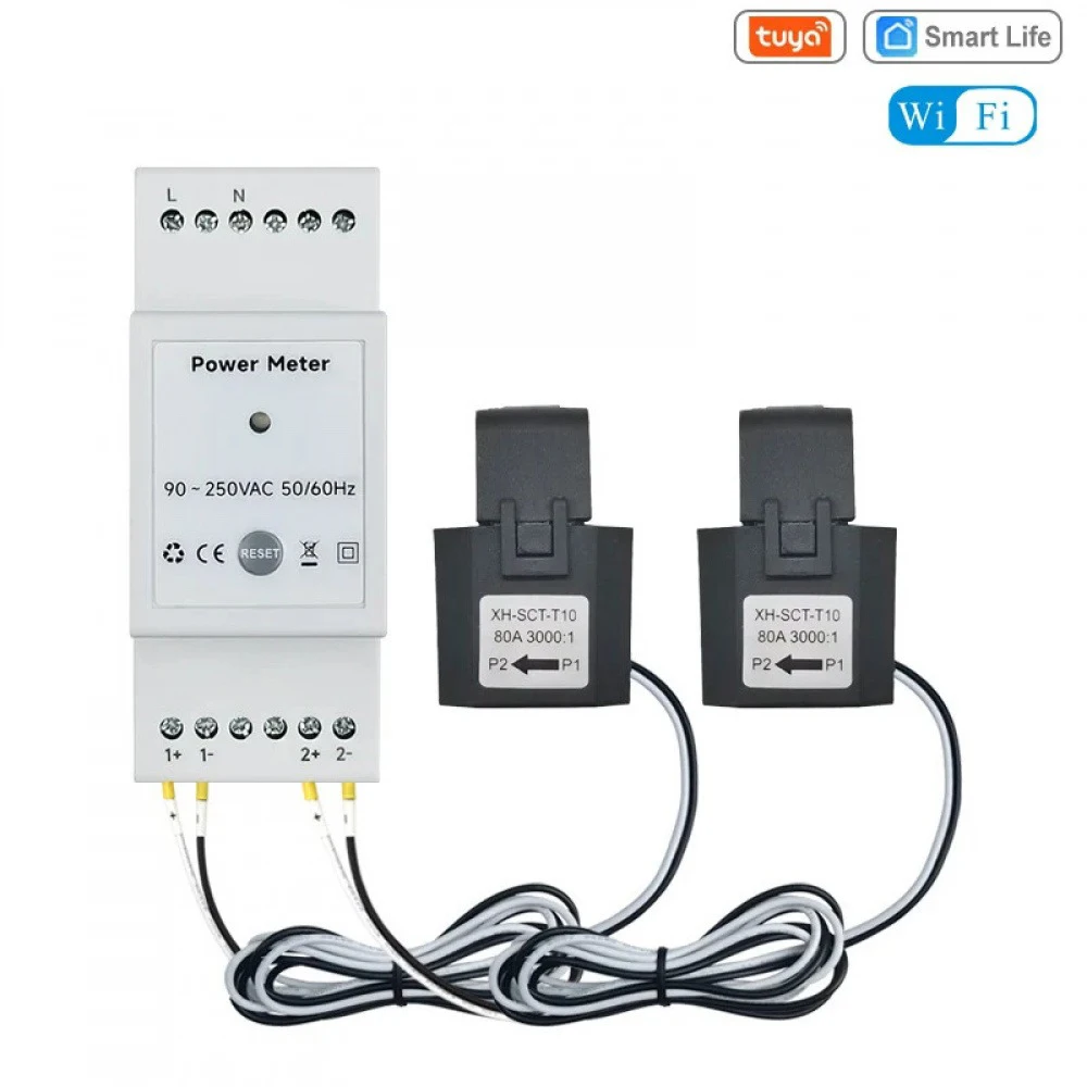 Tuya Smart WiFi Bidirectional Energy Meter 2 Way with 80A Clamp Din Rail App Control Monitor Solar Power Electricity Statistic