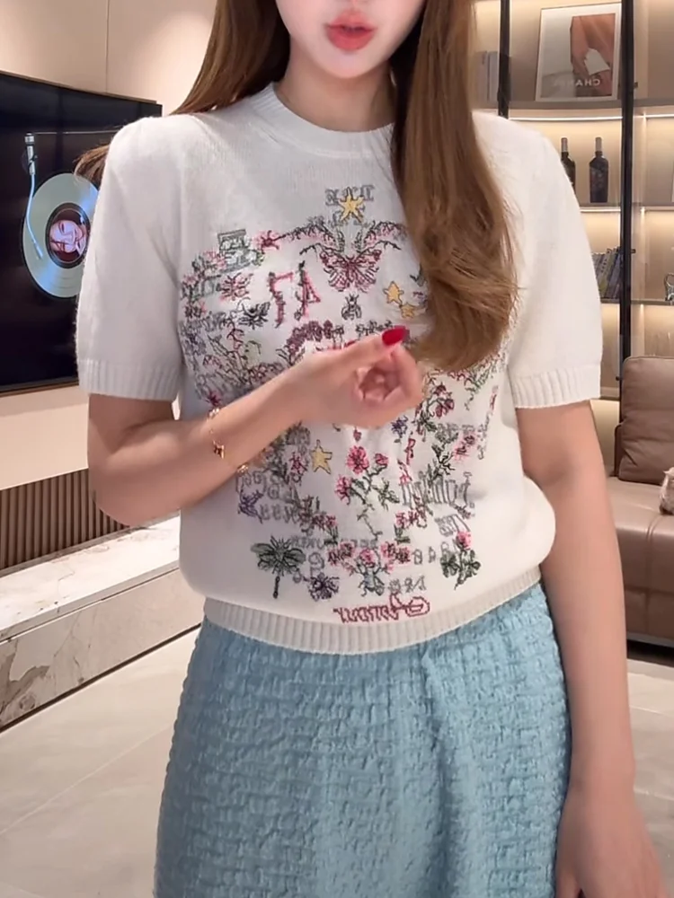 

Milk White ort Sve Knitted Top Women Summer Bubble Sve T-irt 2025 New Embroidery Design Casual Loose Fit round Ne