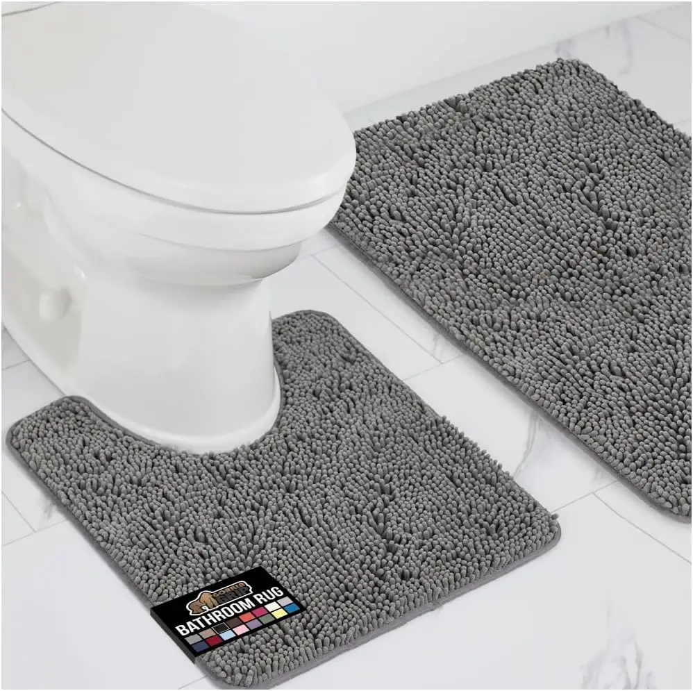 

Soft Chenille Bathroom Rug Set, 2-Piece Absorbent Microfiber Mats, Quick-Dry Washable Toilet Mat & Carpet, Grey Home Decor