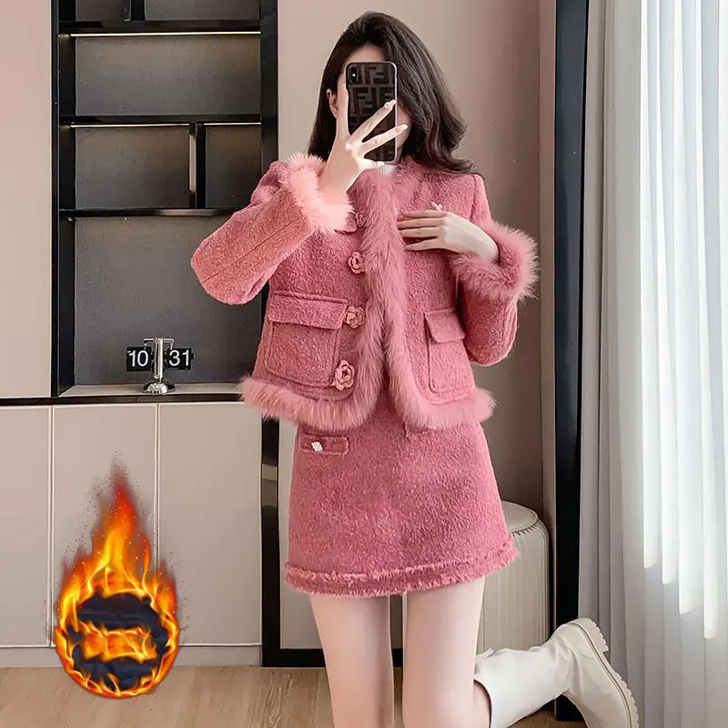 Pink women's coarse tweed 2-pcs set with cotton jacket and skirt 2024 new winter small fragrance style set