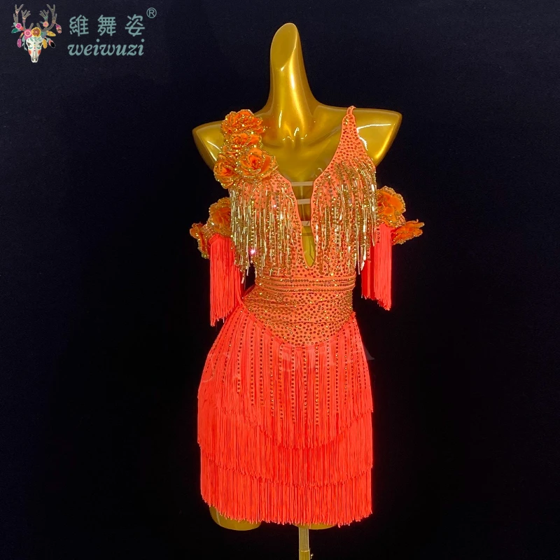 زي الراقصة اللاتينية للأطفال البالغين الراقية مخصصة من حجر الراين المجوف فستان أداء حجر الراين السامبا