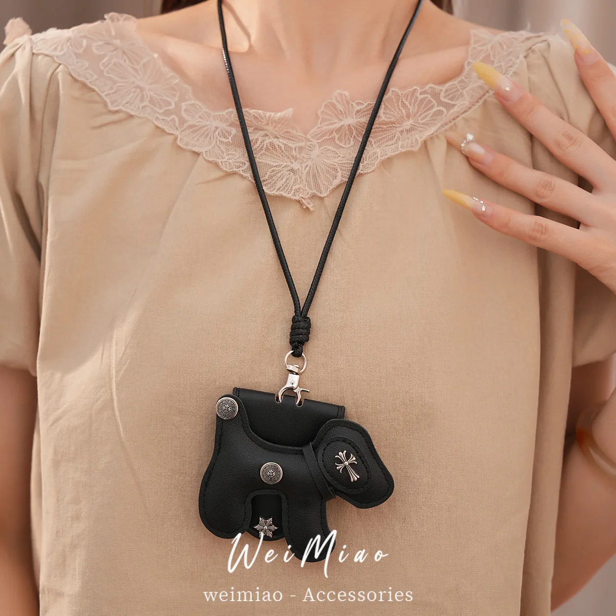 Cross Emblem Leather Case Pendant Long Cord Lanyard Necklace Featuring Metal Hardware Clasp Punk Edge Earphone Storage Jewelry