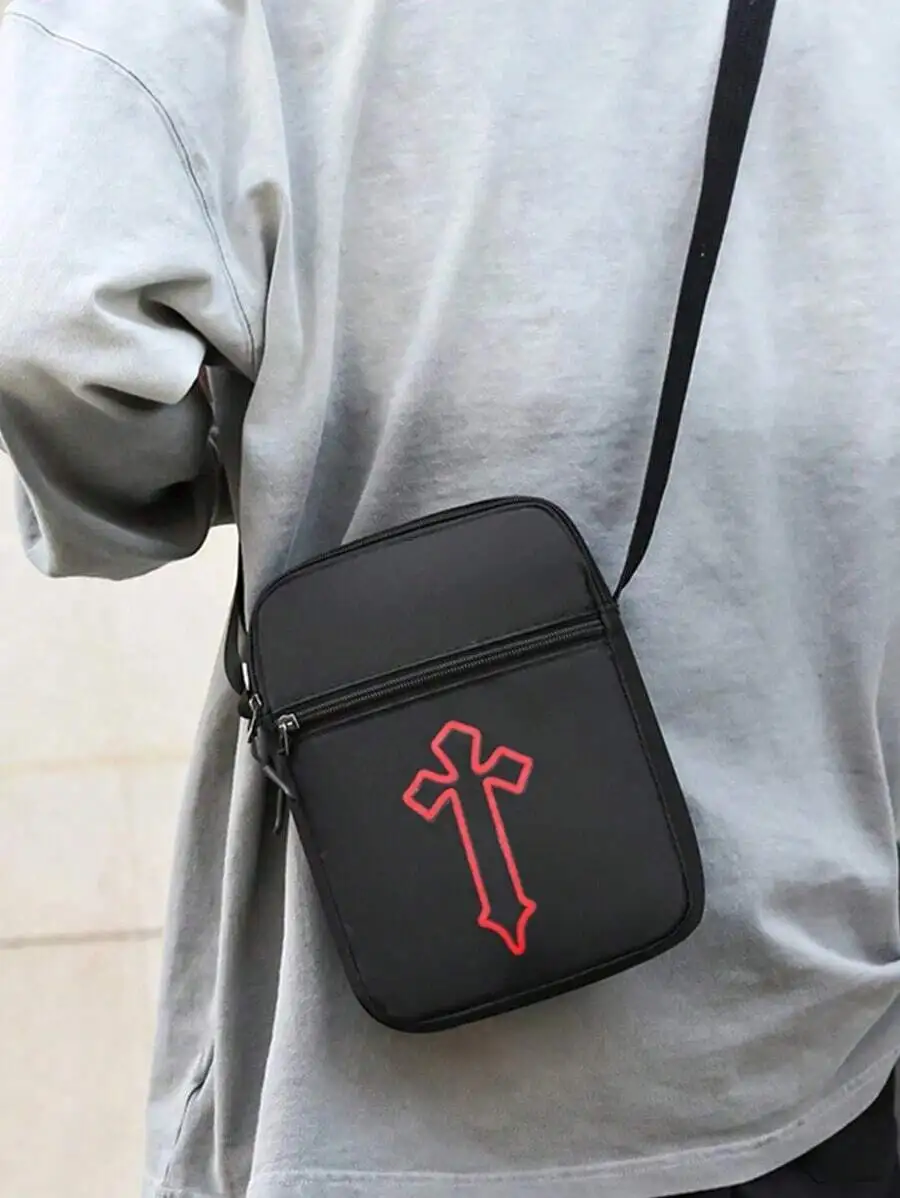 

Black Mini Crossbody Bag With Red Cross Print Casual Street Style Messenger Bag For Men