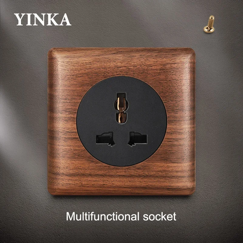 YINKA Wood Brass Toggle Light Switch Panel Home Retro LED Indicator EU FR UK TV TEL Electrical Sockets Vintage Sockets 86mm*86mm