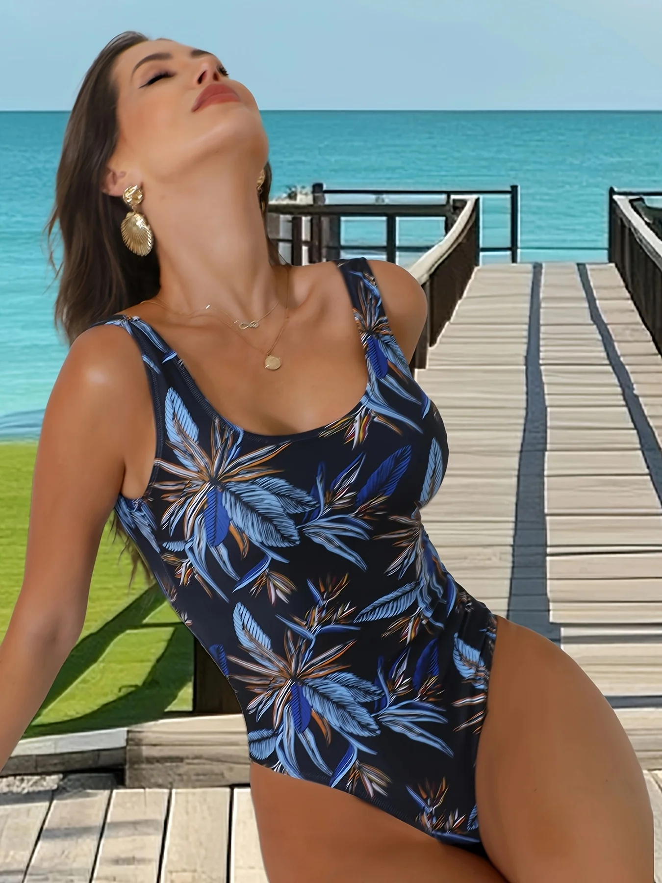 

Women's Tropical Leaf Print One-Piece Swimsuit Stylish Swimwear, Quality Construction, Adjustable Swimwear, Summer Wardrobe