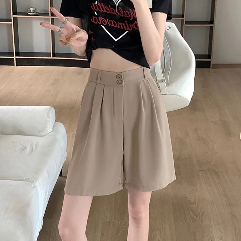 2024 New Elastic Waist Shorts Women Casual Solid Color Wide Leg Trousers Office Lady Fashion Versatile Shorts Female