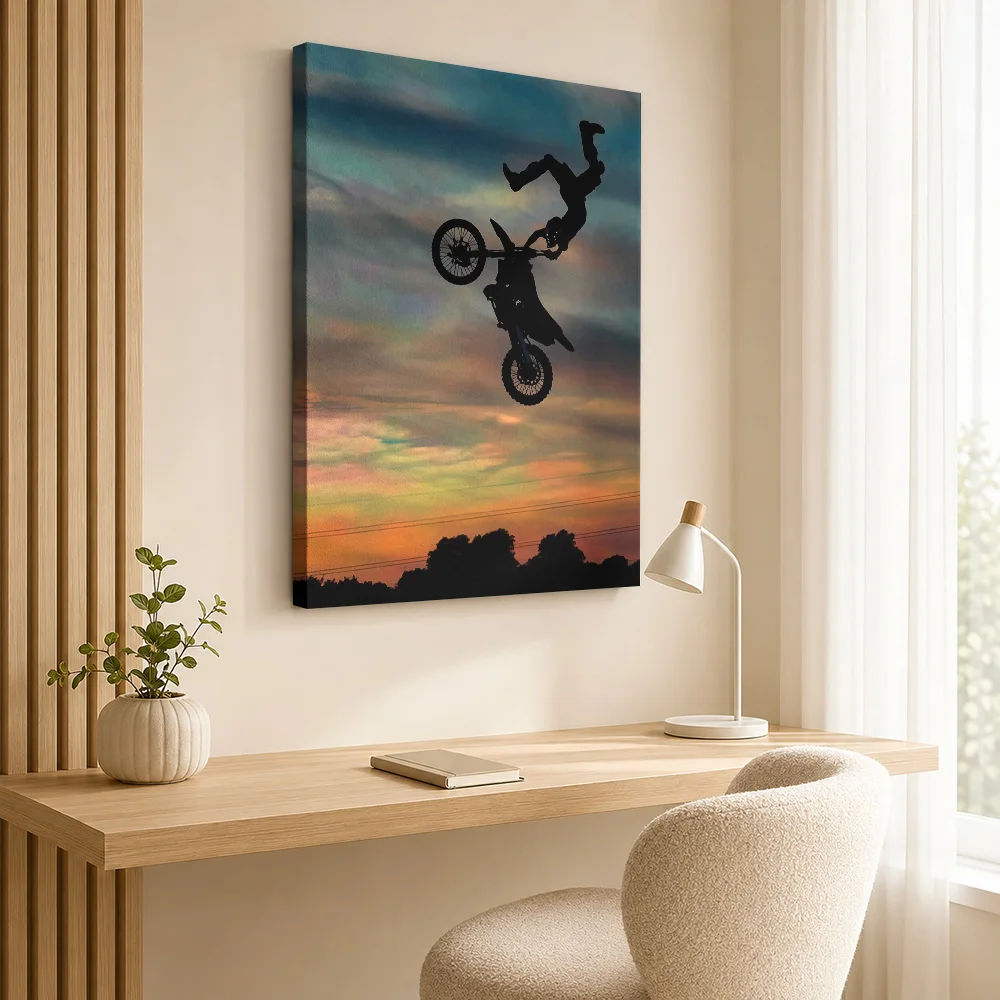 Motocross rider performing a stunt at sunset Canvas Poster Customized Retro Automotive Wall Paintings Decoration for Game Room