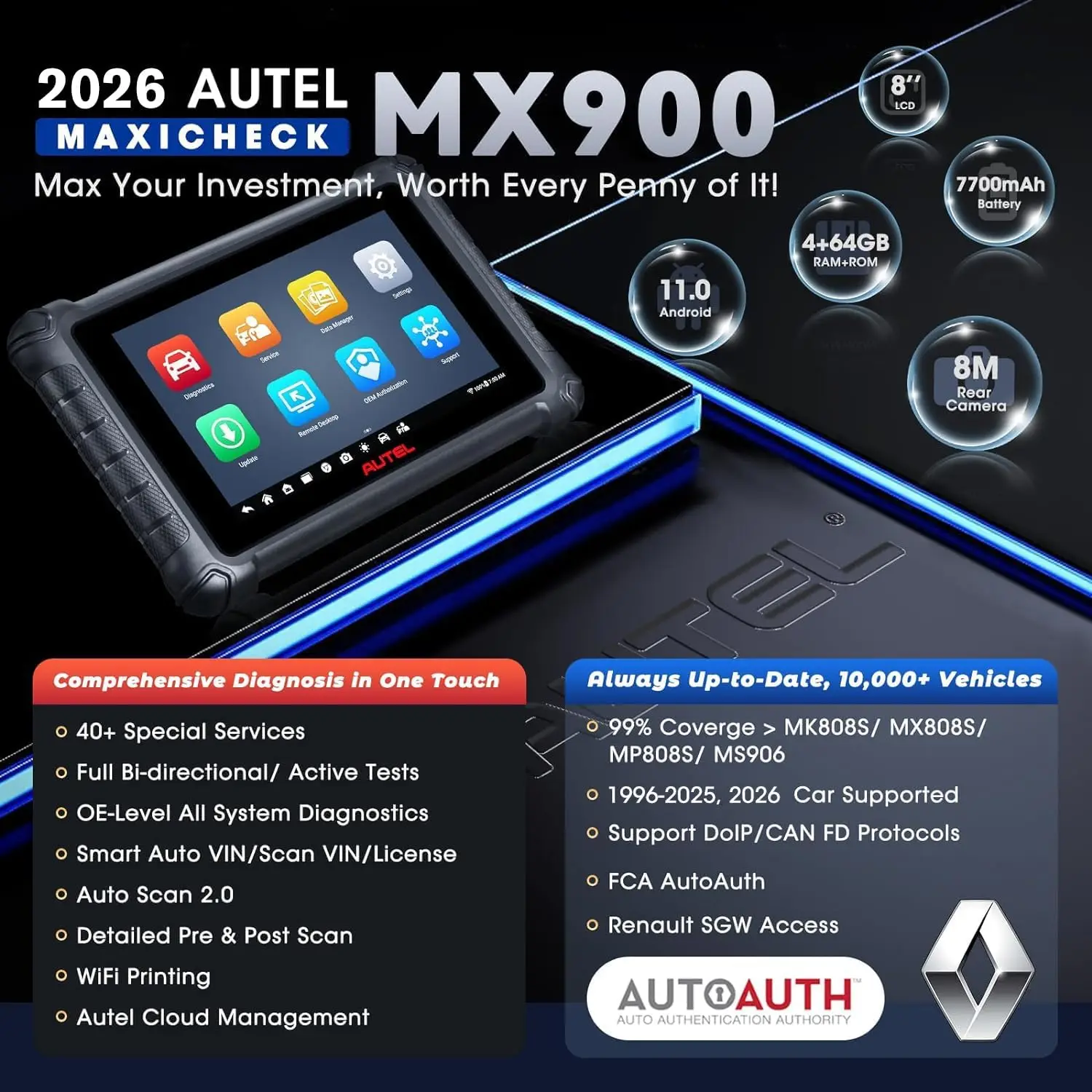 Autel MaxiCheck MX900 Car Bidirectional Diagnostic Scanner with 3000+ Active Test DoIP&CAN FD 40+ Service US Ver. of MaxiCOM MK900 MK900BT Up of MK808BT MK808S MX808S All-Sys Diagnose FCA 11OS