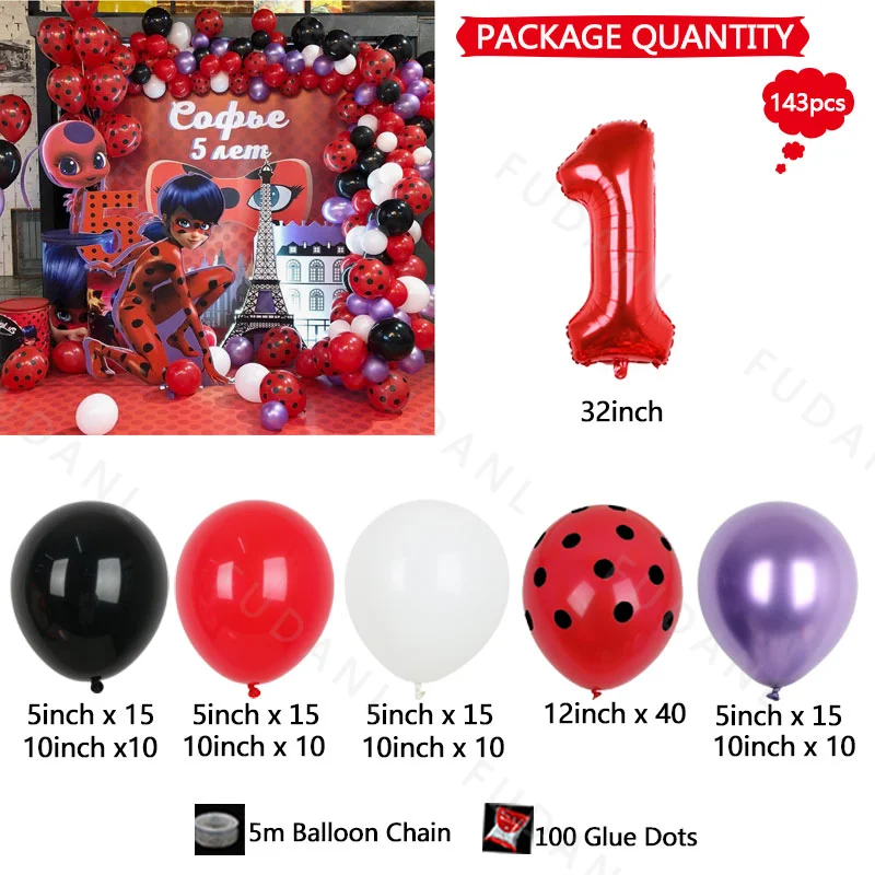 143 Pieces Ladybug Maiden Red Numbers Holiday Birthday Baby Shower Wedding Colorful Party Decoration Balloon Chain Background