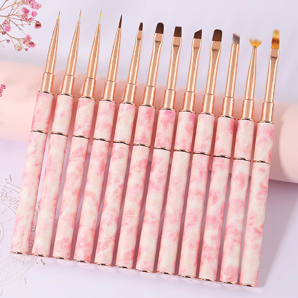 Nail Art Brushes Set Rose Gold Handle, Liner Blending Ombre Kit for Gel Design, Premium Nail Supplies