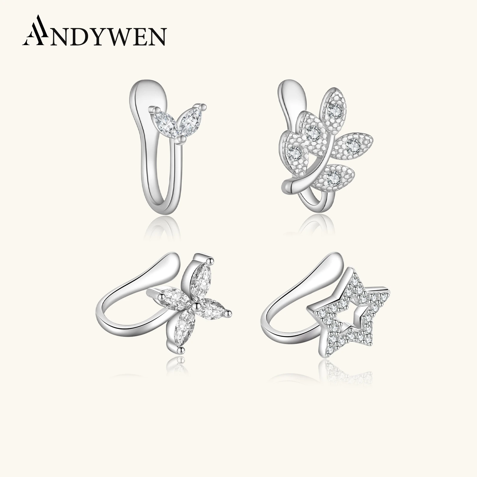 

ANDYWEN стерлингового серебра 925 пробы 2023, серьги-манжеты со звездами и листьями, серьги-манжеты без зажимов для пирсинга, женские роскошные ювелирные изделия, свадебный подарок