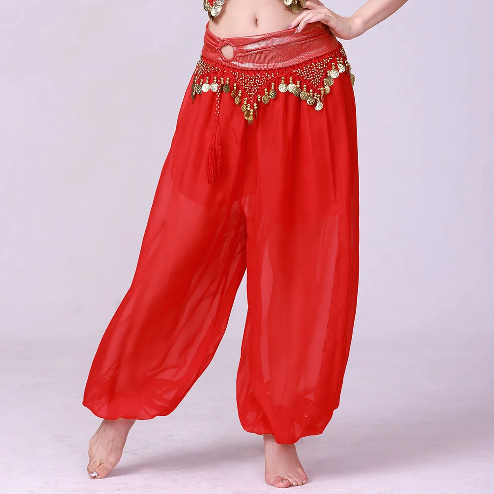 Womens Belly Dance Costume Fairy Trouser Loose Bloomers Pants Side Split Harem Pants Gold Coins Hanging Coin Pants
