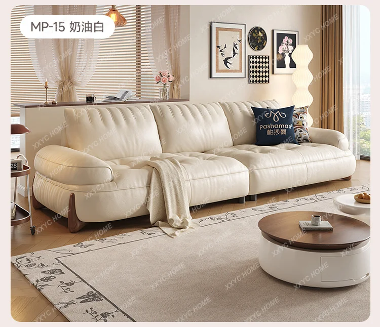 First layer cowhide cream style living room small apartment straight row small meow beast sofa