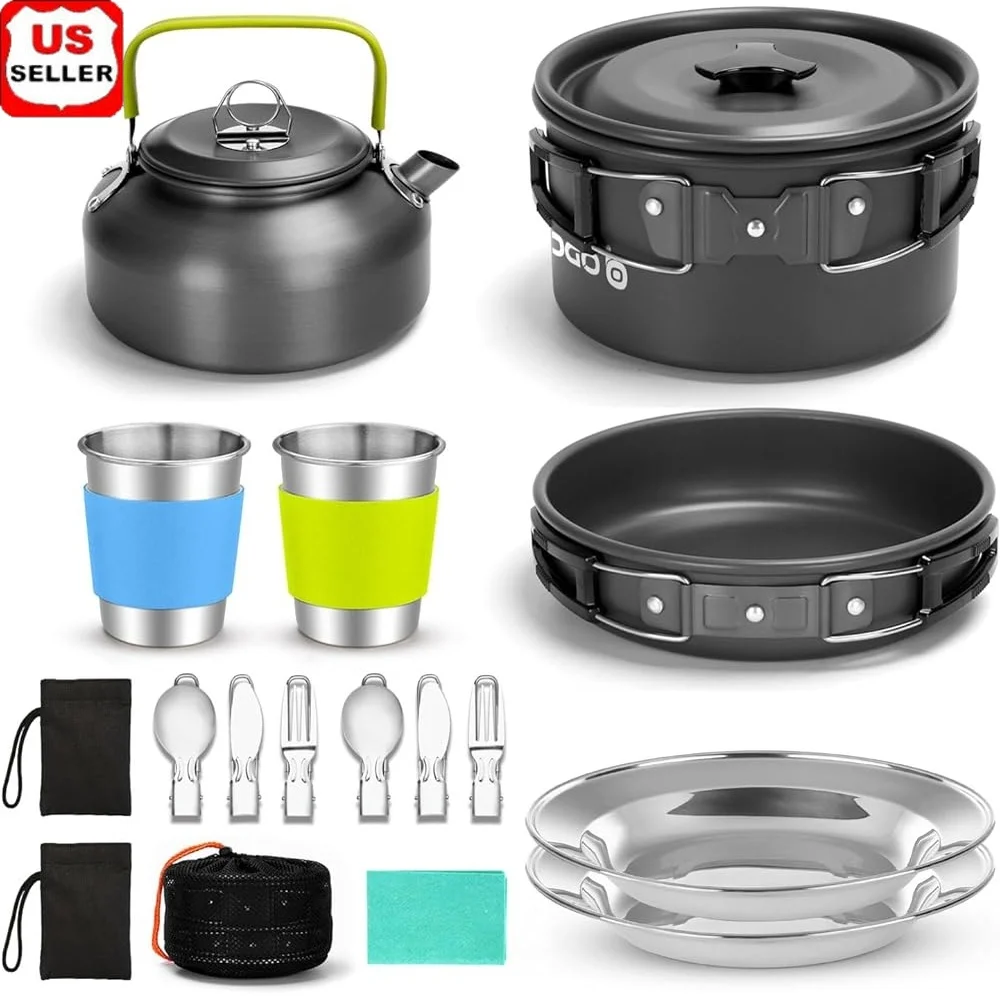 

15pcs Camping Cookware Set Non-Stick Lightweight Mess Kit Pot Pan Kettle Set with Stainless Steel Cutlery Storage Bag Forks