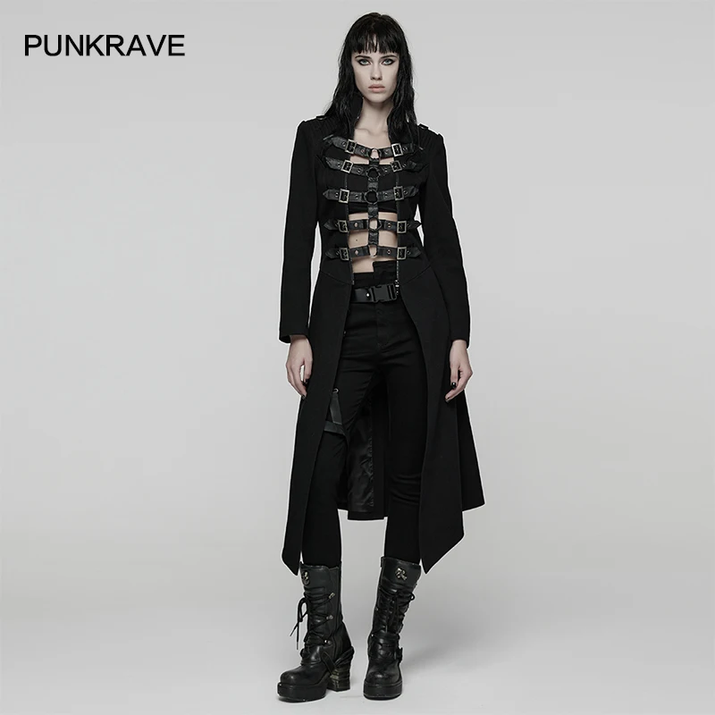 

Женская саржевая тканая куртка в стиле панк-рейв со съемным воротником-стойкой и двойной молнией, пальто со скелетом, металлические кольца, готическая красивая длинная куртка