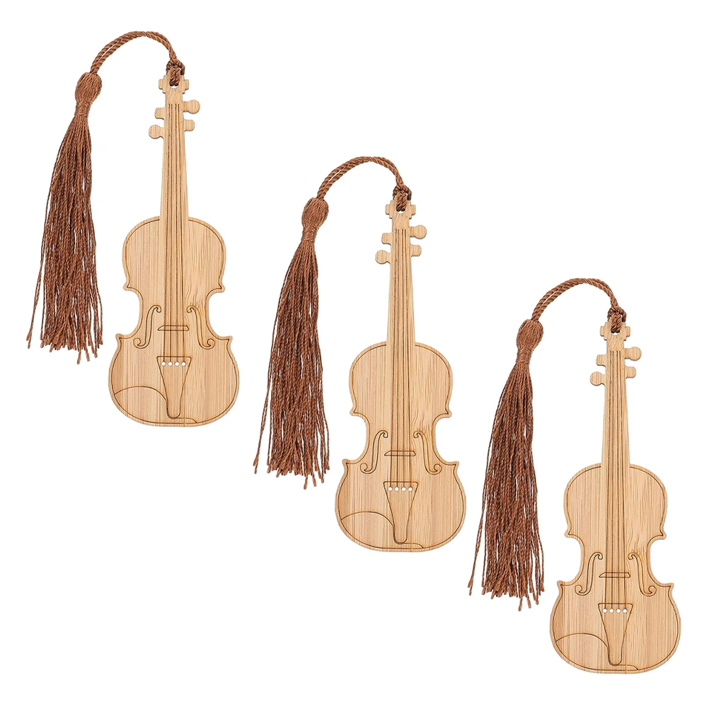 3pcs Violin Shaped Bamboo Bookmarks Creative Reading Accessories Lightweight Gifts Musical Instruments Design Page