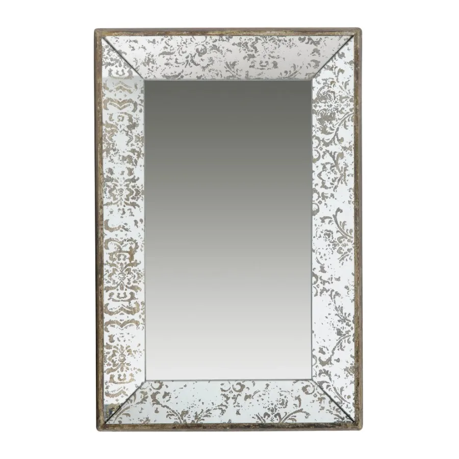 24" x 15" Antique Silver Rectangle Mirror Floral Accents Mirrored Display Tray Hanging Wall Mirror