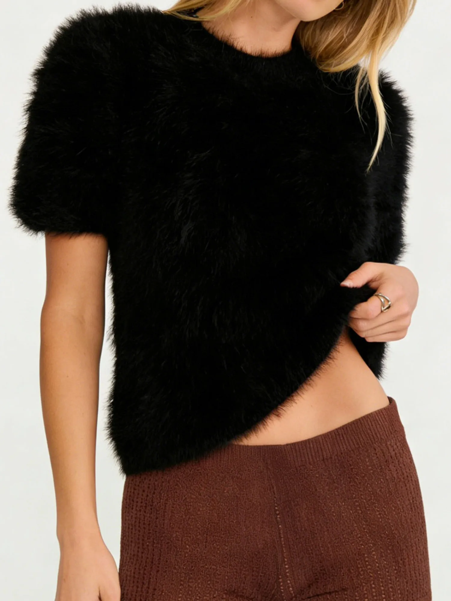 짧은 소매와 크루넥이 있는 여성용 니트 스웨터 일상 캐주얼 착용을 위한 세련된 등이 없는 타이업 풀오버 탑