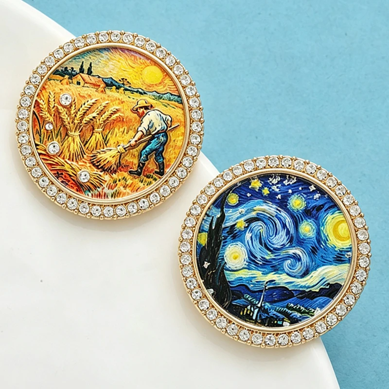 Wuli&baby Famous Picture Round Brooches Pins For Women Men 2-design The Starry Night And The Reaper Brooch Badge Gifts