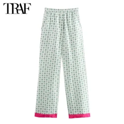 TRAF Print High Waist Pants for Women Pleated Summer Pants Woman 2024 Satin Casual Women's Pants Vintage Straight Woman Trousers