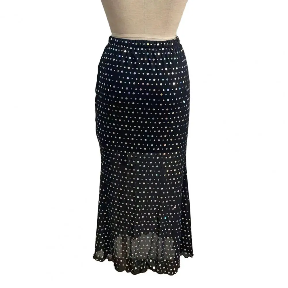 Bequemer Partyrock, Midirock mit hoher Taille und Paillettendekoration, doppellagiger Netzgarnrock, einfarbig, Clubwear für Beine