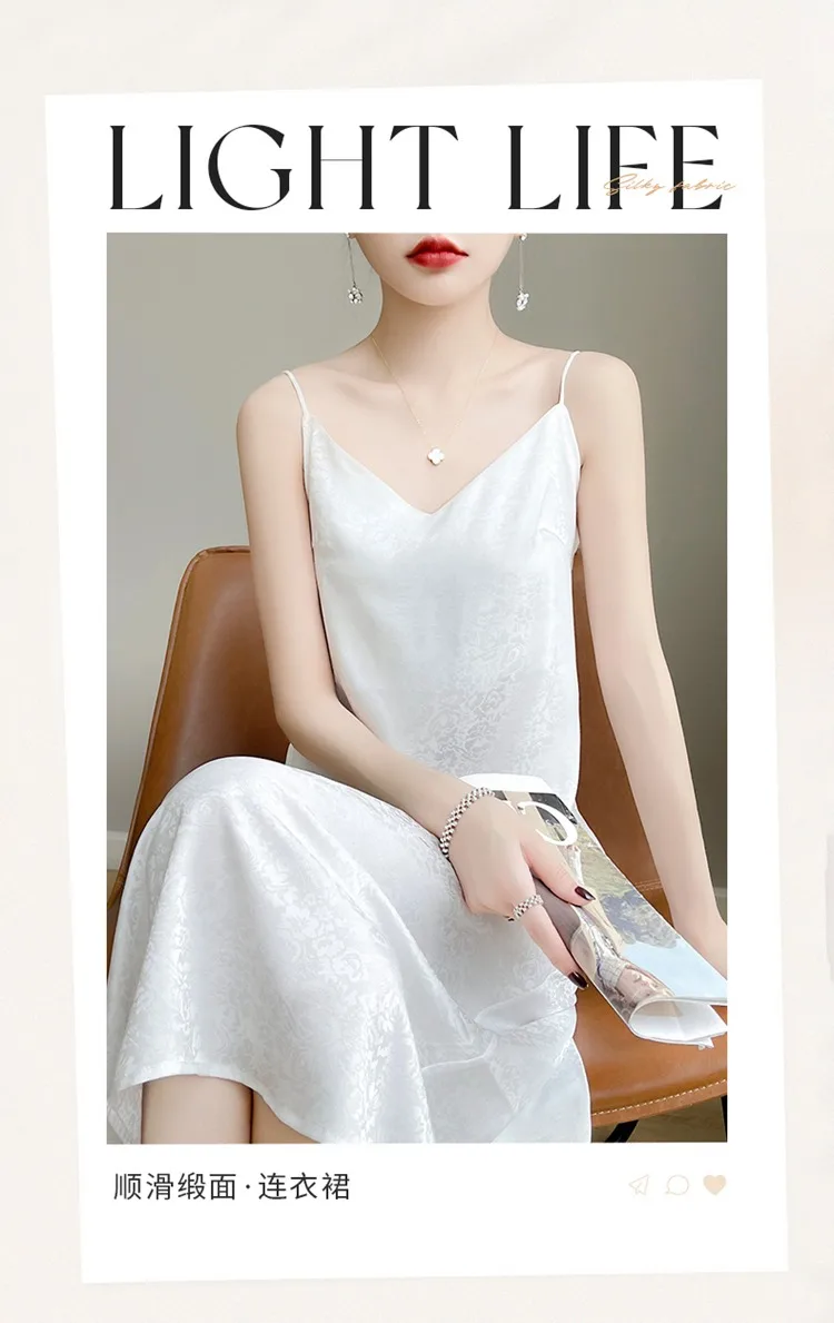 Nuevo 2025, falda con tirantes bordada de satén Sexy francesa, falda larga ajustada con clase de verano para mujer, vestido de seda y satén con hombros descubiertos y cuello en V