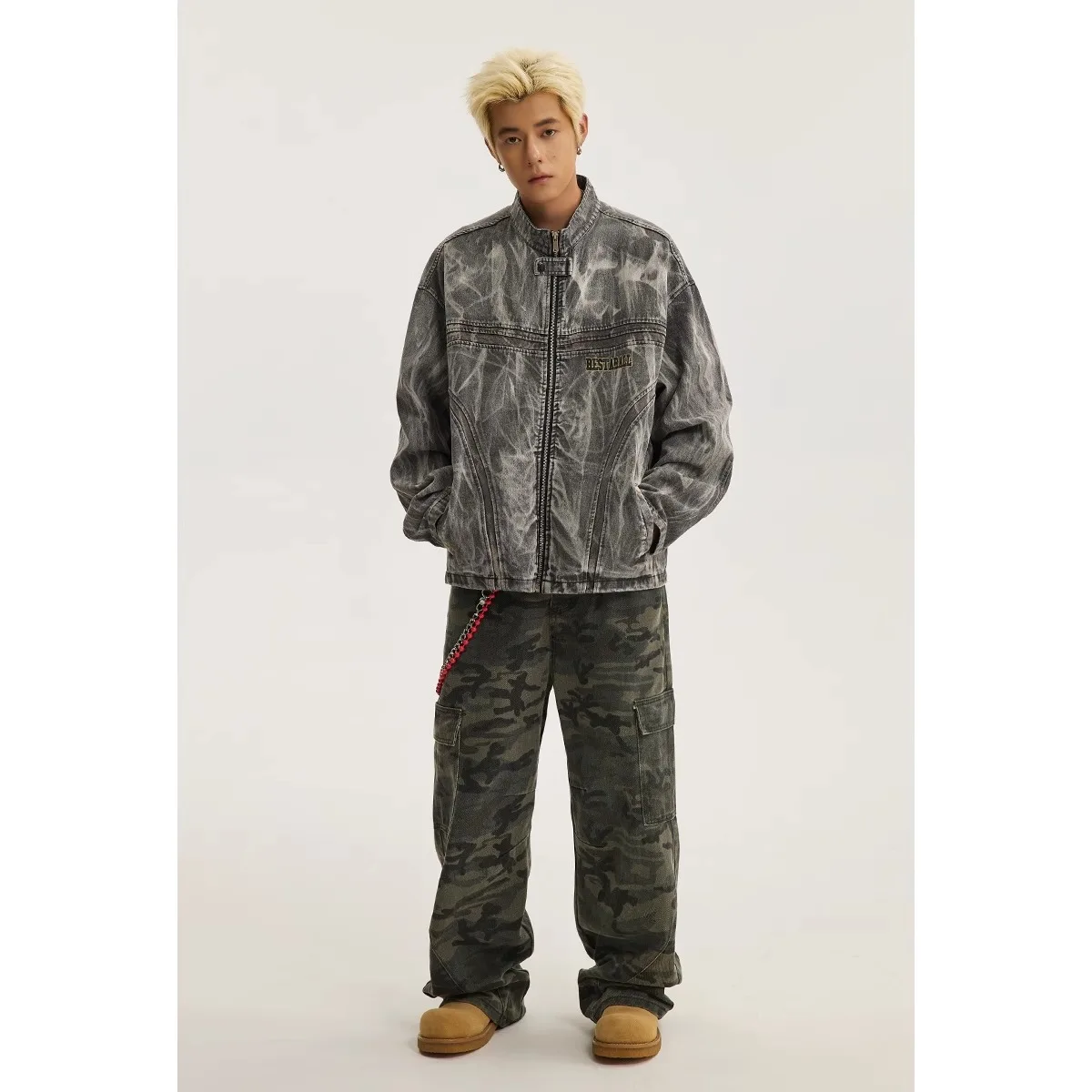 Retro High Street Distressed Graffiti Print Denim Jacket Men's Spring Autumn New Loose Biker Style Coat with Destructed Details