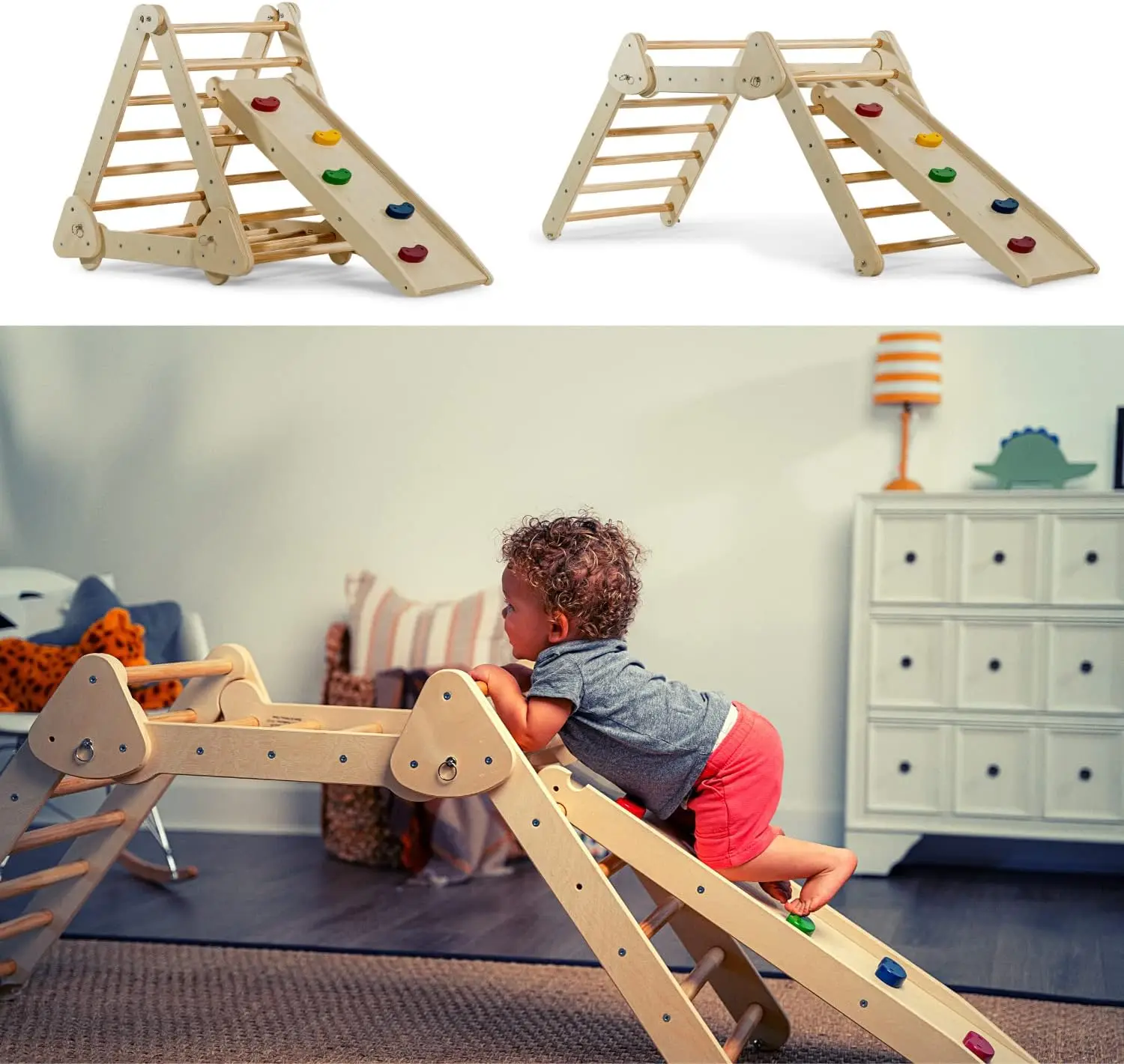 Montessori Climbing Set - Wooden Climbing Gym - Triangle Ladder, Rock Climbing Step, Ramp Climber, Reversible Slide - Foldable I