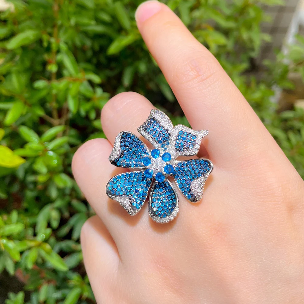 ThreeGraces Aesthetic Blue Cubic Zirconia Adjustable Size Extra Large Flower Ring for Women New Fashion Daily Party Jewelry R181