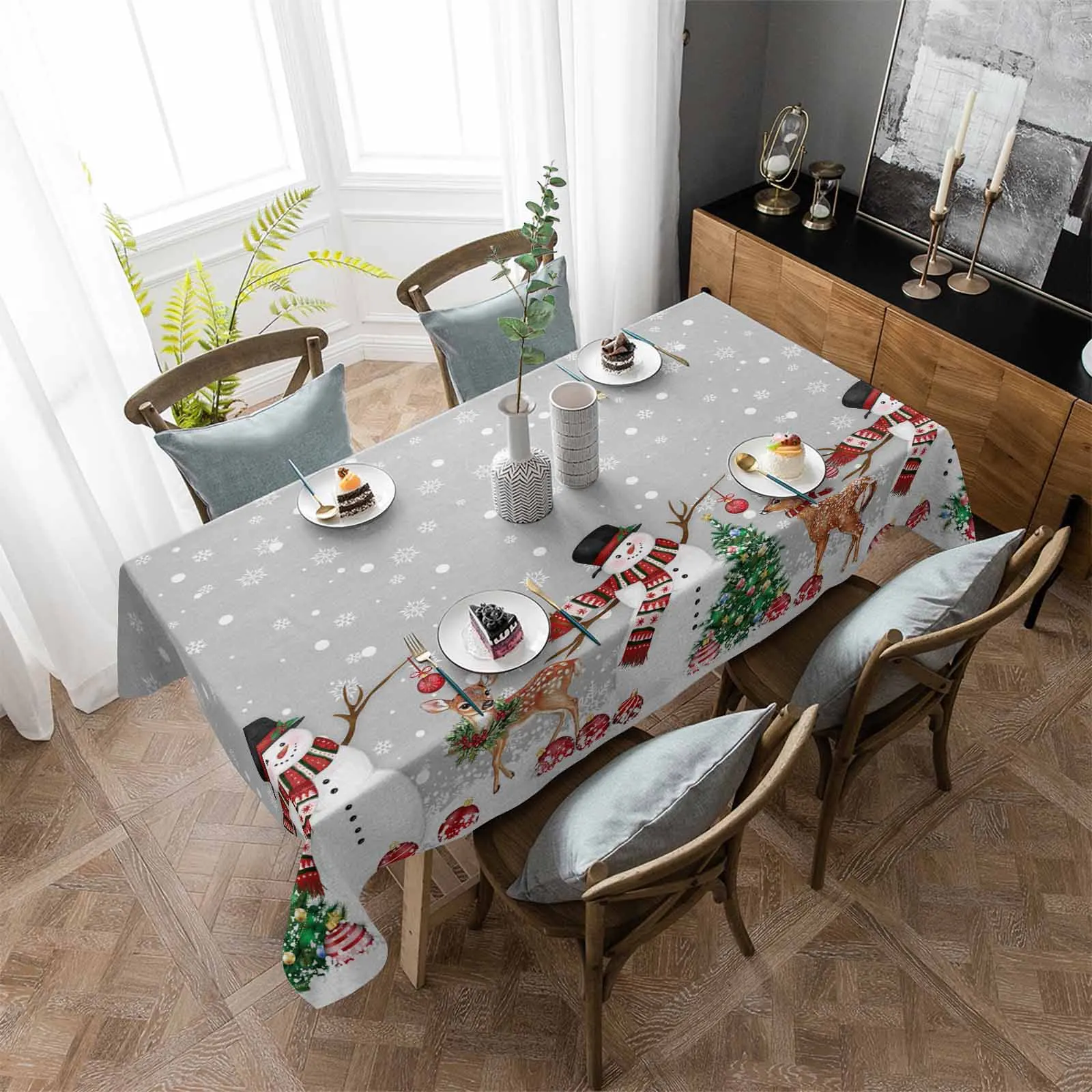 Christmas Ball Snowman Elk Christmas Tree Snowflake Gray Waterproof Tablecloth Dining Table Cover Kitchen Decoration Table Cloth