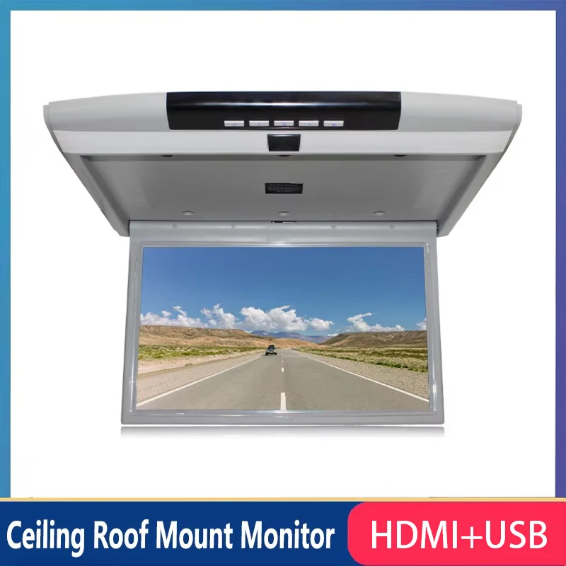 Car Roof Mount Monitor 17 Inch HD LCD Screen Car Video Player MP5 Display 1080P Auto Ceiling TV HD Video Input Built-in Speaker