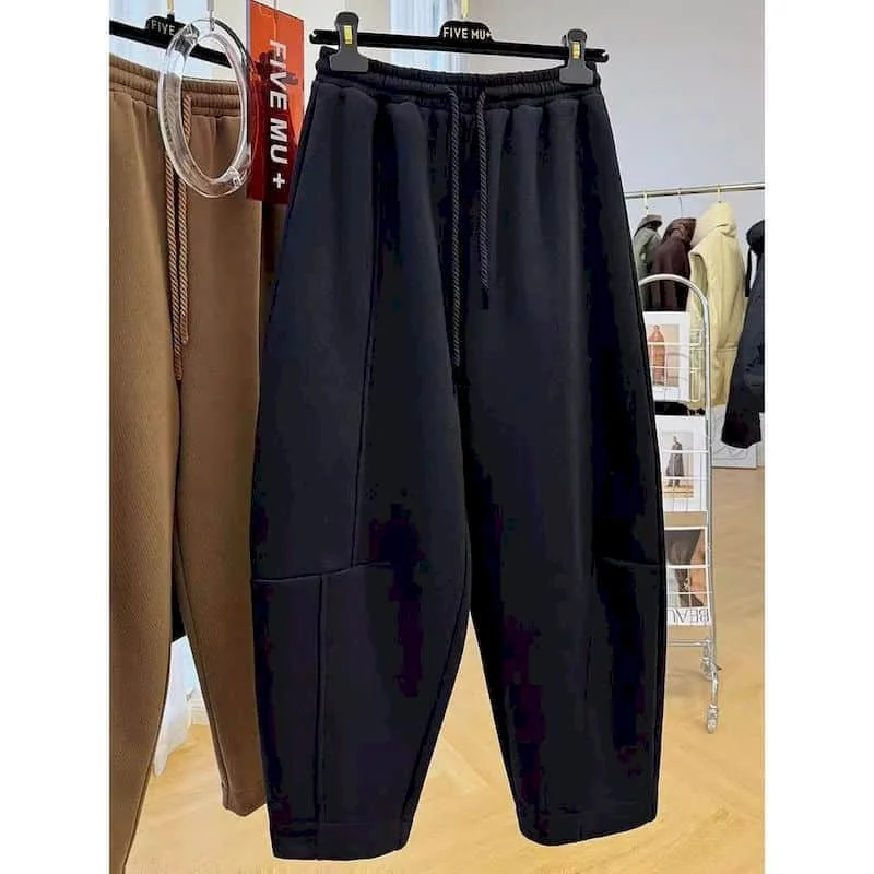 Cargo Pants Winter Korean Style Drawstring Elastic Waist Velvet Thicken Trousers Streetwear Women Clothing Casual Harem Pants