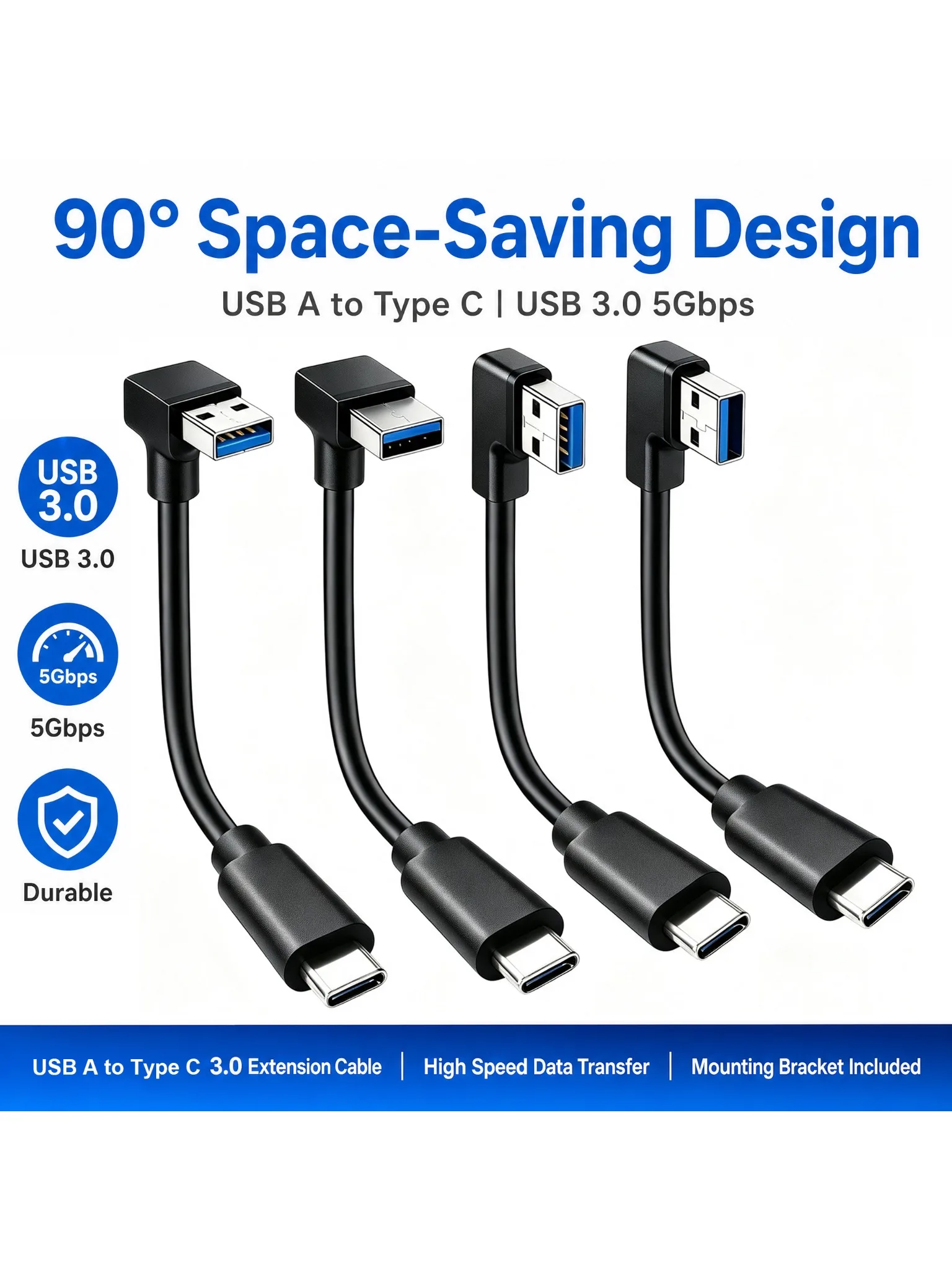 USB 3.0 Verlängerungskabel 90 °   Winkel-USB-A-zu-Typ-C-Datenkabel, Stecker-zu-Stecker, 5 GBPS Hochgeschwindigkeitsübertragung, 0,3 m, 0,5 m, 1 m, 3 m
