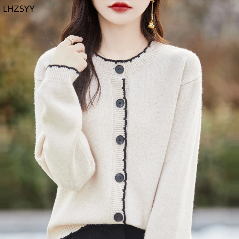 

LHZSYY 100%Pure Wool Cardigan Ladies New Spring Knit Jackets Color Matching Tops Loose Fashion Sweater Wild Coat Bottoming Shirt